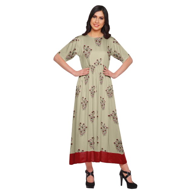 Moomaya Robe Kurti Tunique Longue Ligne A pour Femmes, Manches au Coude, Kurti Décontractée Imprimée