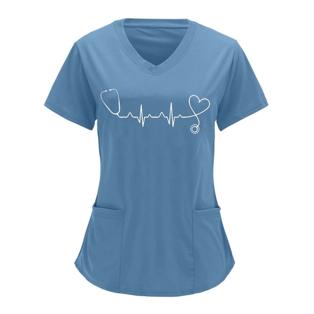 Tops Para Mujer Uniforme de Trabajo Tops Cuello en V Monos de Color Sólido Impresión de Posicionamiento Parcial Manga Corta Odeerbi ODB178733