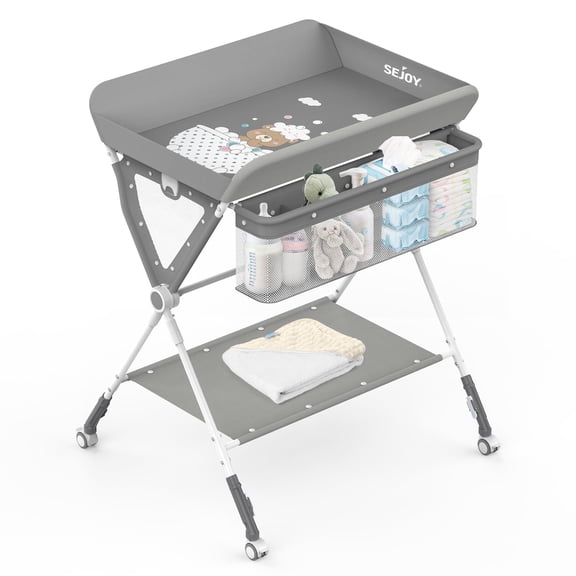 Sejoy Baby Changing Table,Folding Diaper Station Portable Nursery Organizer with Large Storage Racks for Newborn Baby and Infant Grey