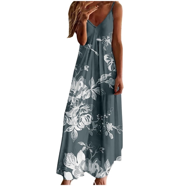 Robe Mi-Mollet Sans Manches à Col en V pour Femmes, Robes Mi-Mollet d'Été Décontractées à Col en V Imprimées Sans Manches pour Vacances à la Plage Longue Robe