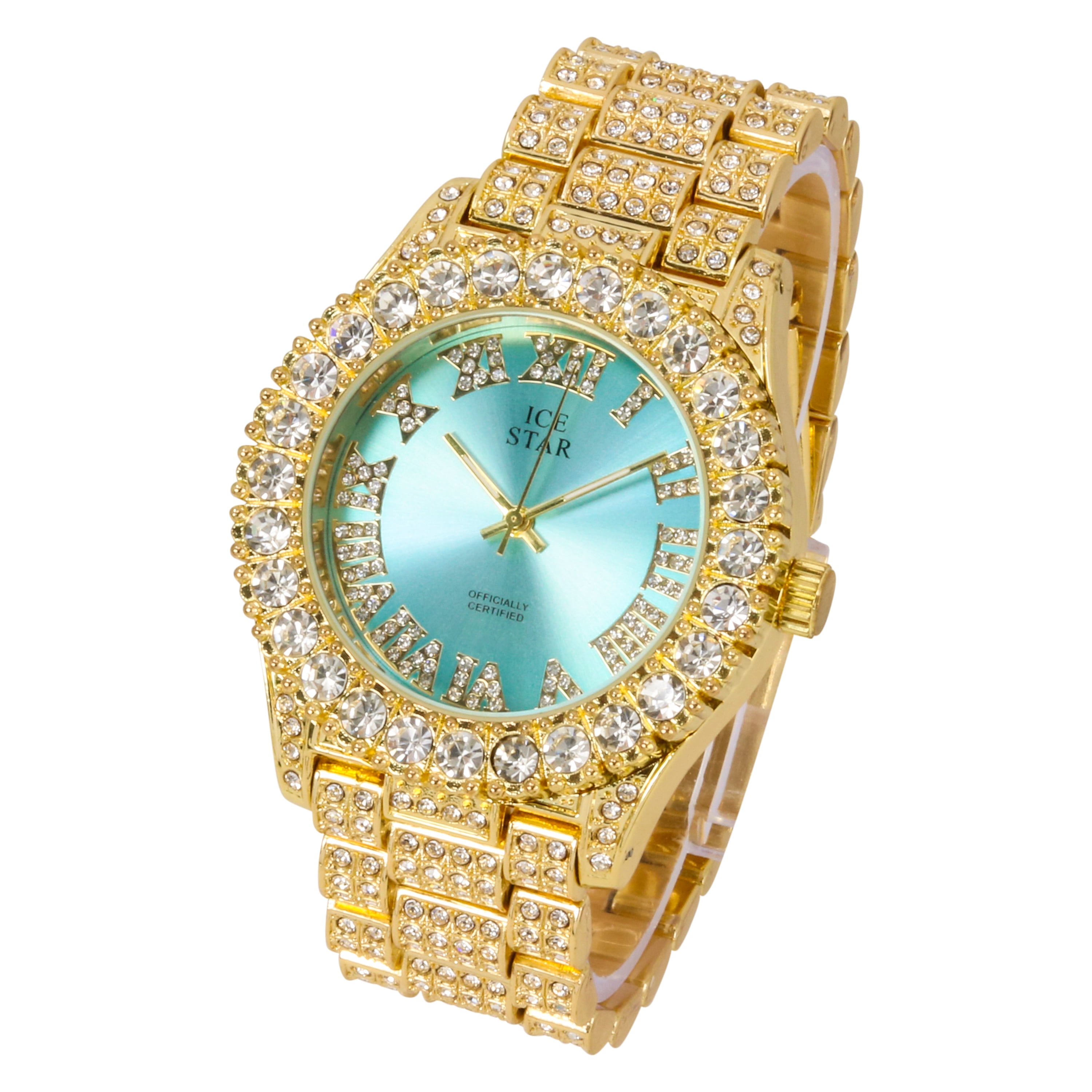 Women's 44mm Solitaire Bezel Watch - Bling-ed Out Adjustable Band - 14k Gold Tone Finish with Ravishing Crystals - Simulated Diamond Watch with Roman Dial