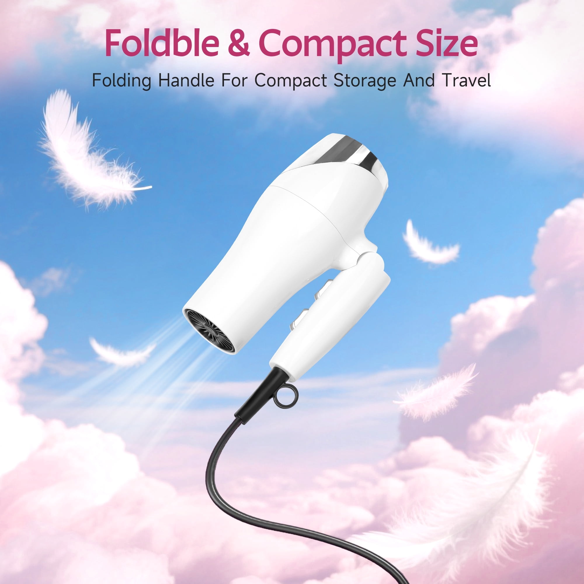 Morfone Hair Dryer, Negative Ionic Foldable Blow Dryer for Fast Drying, Thermo-Control Compact Hair Blow Dryer with Hair Diffuser, White