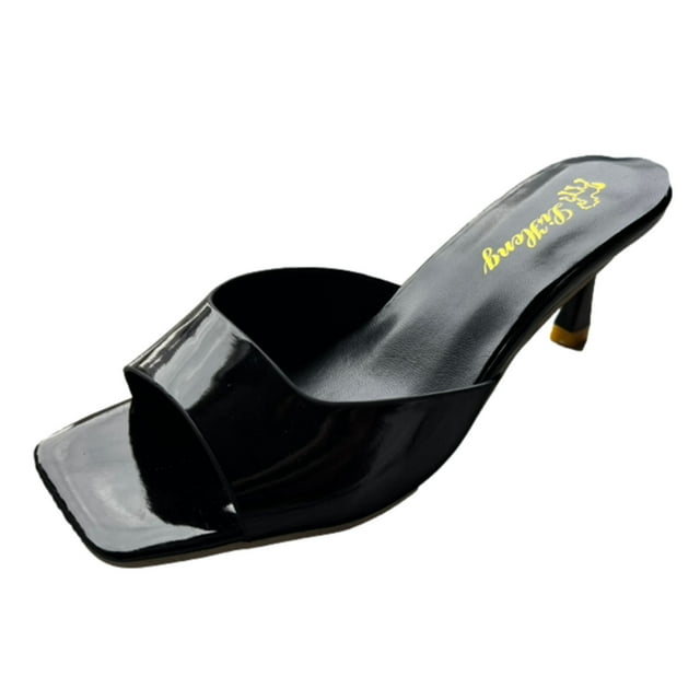 Womens Heeled Sandals High Kitten Heel Open Square Toe Solid Color Slide One Strap Stiletto Backless Party Dresses Pumps Black