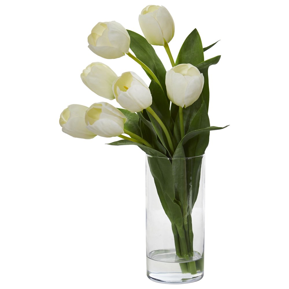 Nearly Natural White Tulip Artificial Flower Arrangement in Cylinder