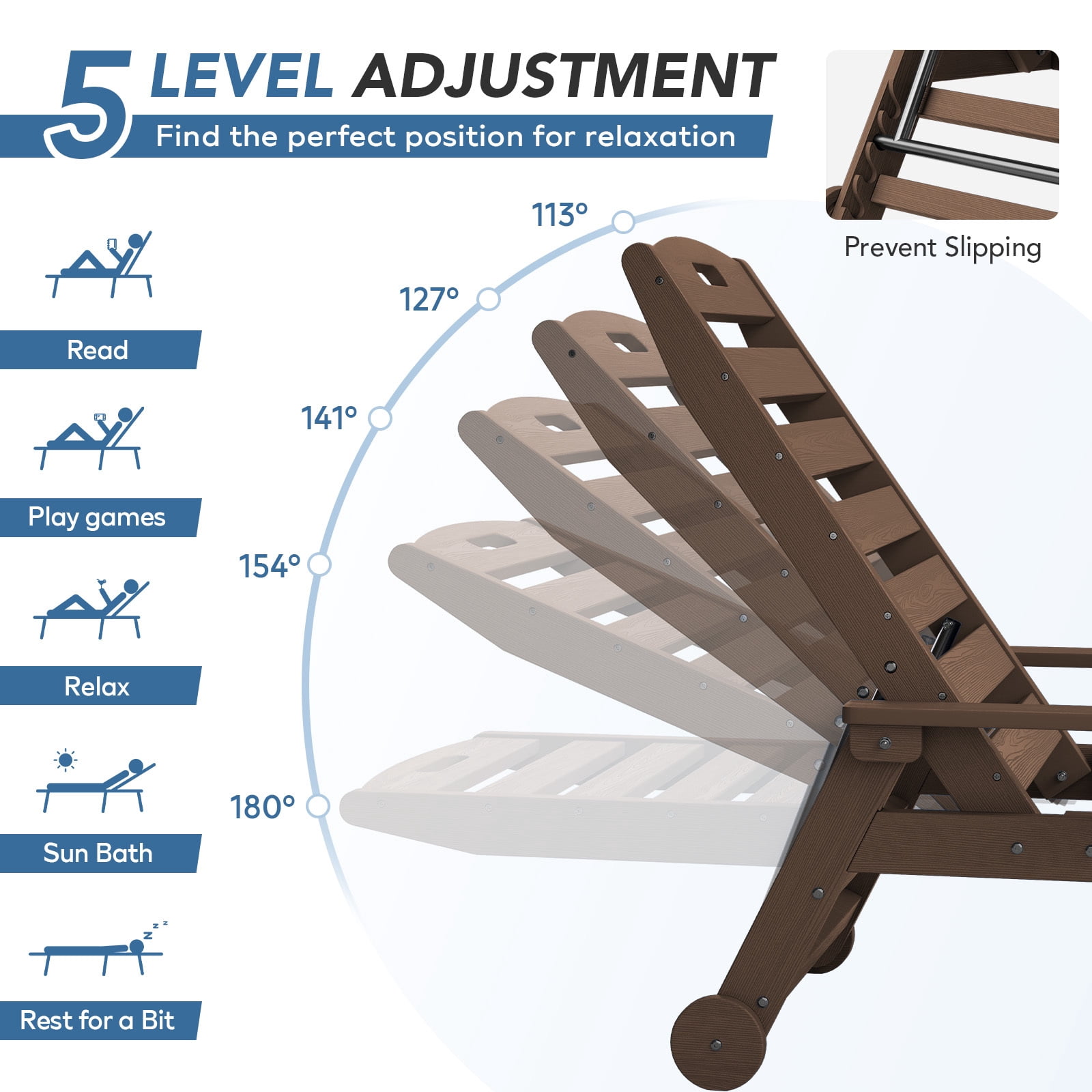 LOYALICE Adjustable Wheeled HDPE Plastic Outdoor Patio Lounge Chair W/ Cup Holder,78.3"x25.1"x16.3", Brown
