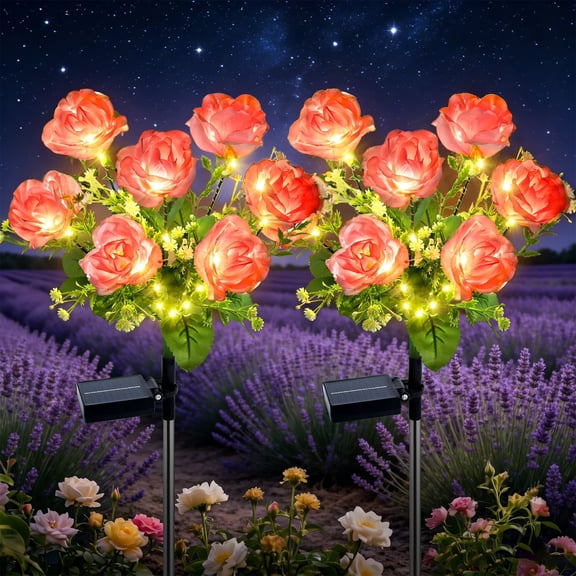 Rirool Solar Rose Garden Stake Lights, 7 Heads Pink Flower Solar Lights Outdoor Waterproof, 8 Modes Decorative Lights for Yard Lawn Patio Pathway, 2 Pack