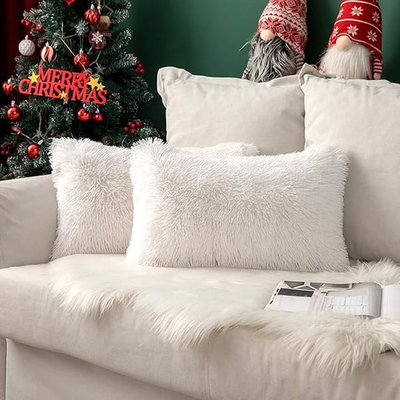 Eryueer Pack of 2 Faux Fur Christmas Cushion Covers Fluffy Soft Decorative Square Pillowcase Plush Case Faux Fur Throw Pillow Cover For Livingroom Sofa Bedroom 12x20 Inch 30x50cm 12"x20" White