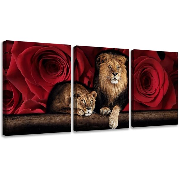 Lion Animal Canvas Print Wall Art Honorable and Confident Lion and Red