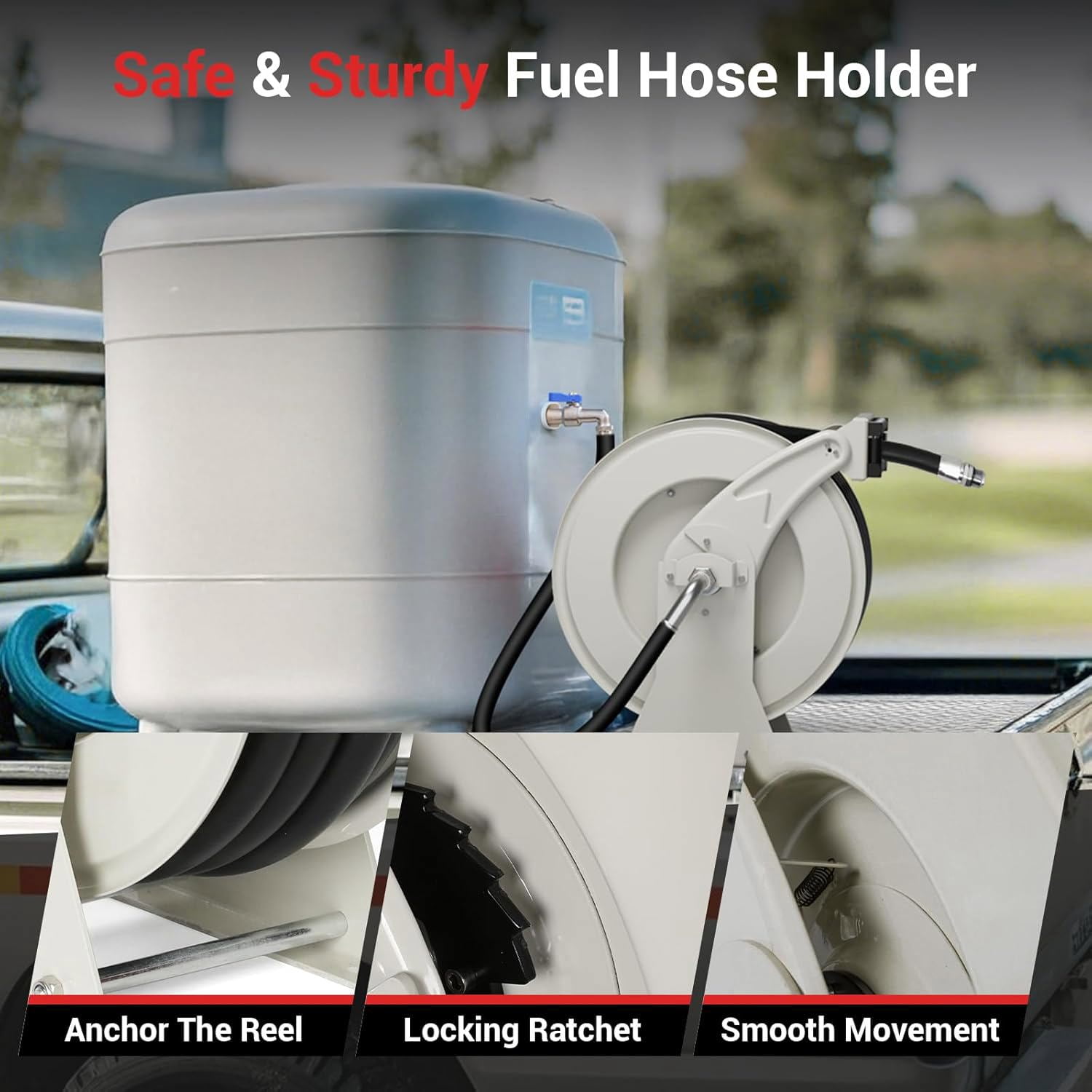 Fuel Hose Reel 3/4'' x 50ft with Fueling Nozzle, Diesel Fuel Hose Reel 300PSI Retractable Industrial Heavy Duty Swivel Steel Construction for Ship Vehicle Tank Truck Trailer Cart, Silver
