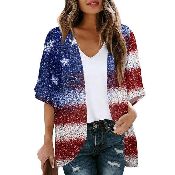 JULMCOMO American Flag Lightweight Cardigans for Women Red White Blue Half Sleeve Independence Day Kimono Cover Ups Summer Tops Wine S
