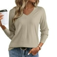 thumbnail image 2 of Miluxas Women's V Neck Pullover Sweater Solid Color Casual Long Sleeve Soft Knit Lightweight Pullover Tops Khaki M(M), 2 of 9
