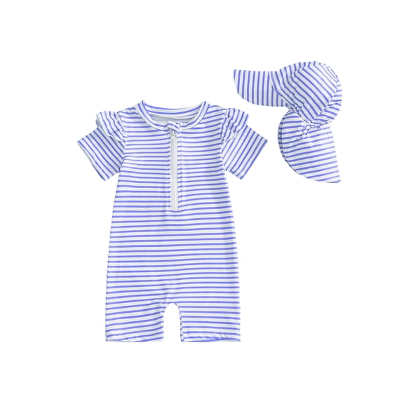 BemeyourBBs Toddler Baby Girl Boy Striped Swimsuit with Hat Set 2 Pcs Infant Bathing Suit Zip Up Ruffled Trim Short Sleeve One Piece Swimwear Summer Beachwear UPF 50 Rash Guard