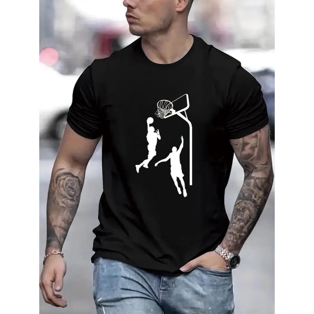 Camiseta de manga corta con estampado de siluetas de baloncesto saltando, informal, cómoda y versátil, ideal para el día a día de primavera/verano.
