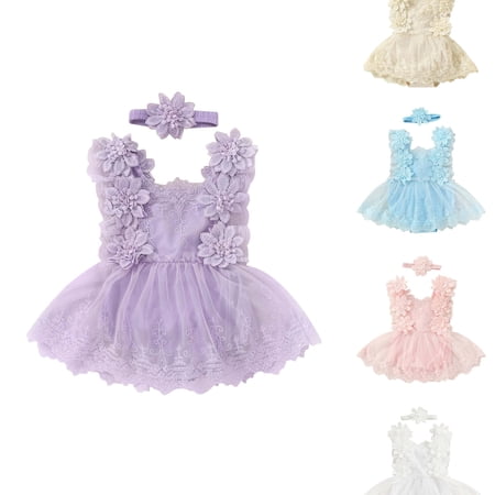 VOUZZA Baby Girl Bubble Romper Summer Lace Mesh Tutu Romper Floral Print Crawler Dress Headband Set Princess Jumpsuit