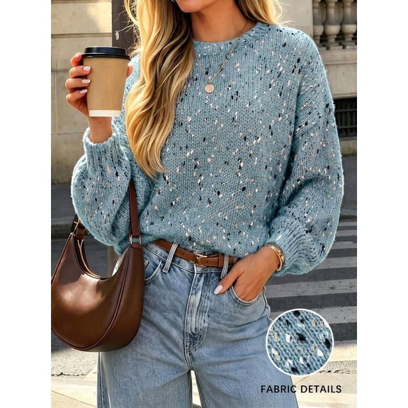 Womens Casual Multicolor Knit Sweater, Round Neck Long Sleeve with Flare