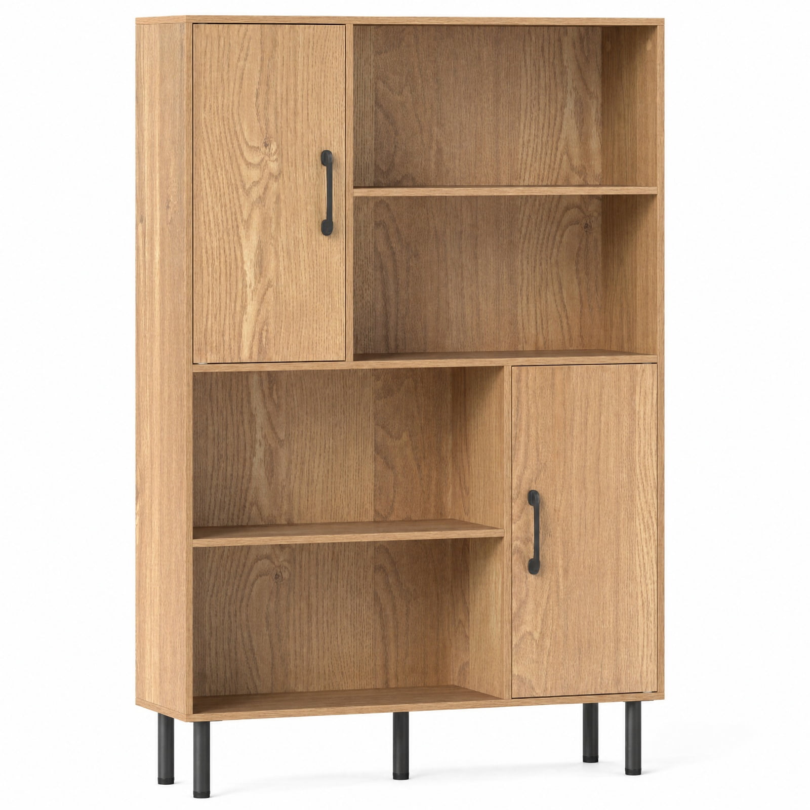 Furnibear 47 Inch Storage Cabinet Freestanding Bookcase with 2 Doors and 4 Open Shelves for Living Room Home Office Bedroom Display Storage, Natural