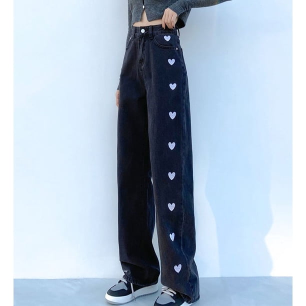 Pantalones vaqueros con estampado de corazón y pierna ancha para mujer, pantalones rectos con bolsillos y cintura alta, pantalones vaqueros holgados de estilo urbano, pantalones vaqueros
