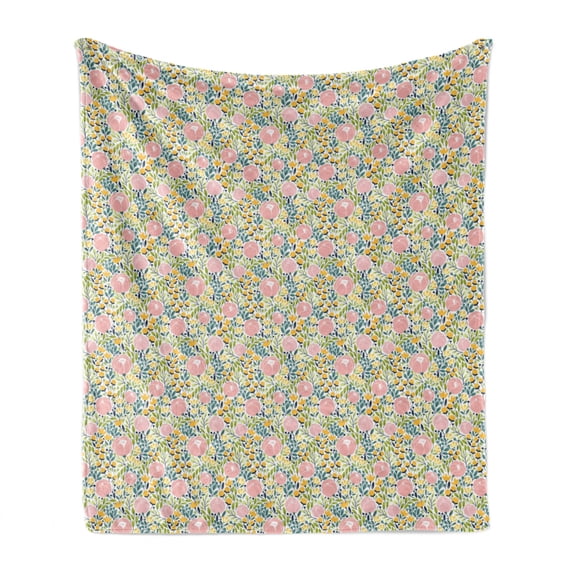 Botanical Soft Flannel Fleece Throw Blanket, Pastel Meadow Blossoms Revival Rose Buds Leaves Aster Garden Art, Cozy Plush for Indoor and Outdoor Use, 60" x 80", Blush Lime Green Mustard, by Ambesonne