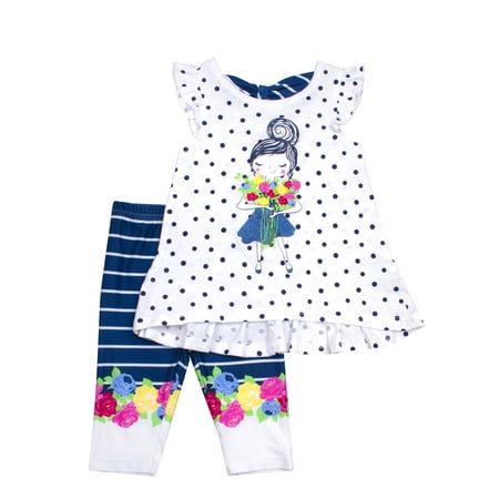Nannette Short Sleeve Flower Girl Top & Capri Leggings, 2pc Outfit Set (Baby Girls & Toddler