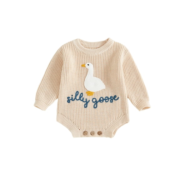 RUINIXCW Newborn Baby Girl Boy Silly Goose Outfit Knit Sweater Romper Infant Baby Girl Fall Winter Warm Sweaters Clothes Long Sleeve Letter Embroidery Bodysuit