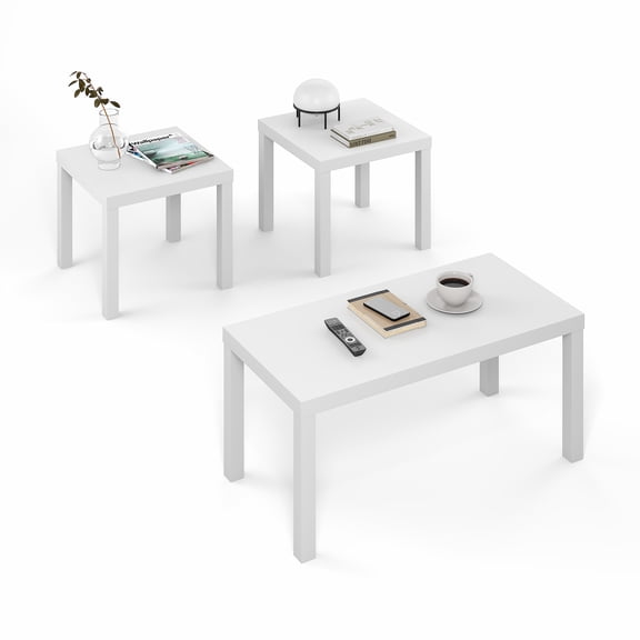 Furinno CLASSIC 3-Pc Table Set & Coffee Table & 2 Side Tables White