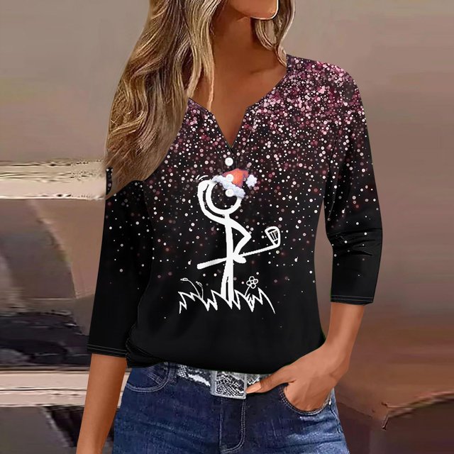 Fiudx Ofertas Del Día Camiseta Holgada de Manga 3/4 con Cuello En V y Estampado Navideño Informal a La Moda para Mujer