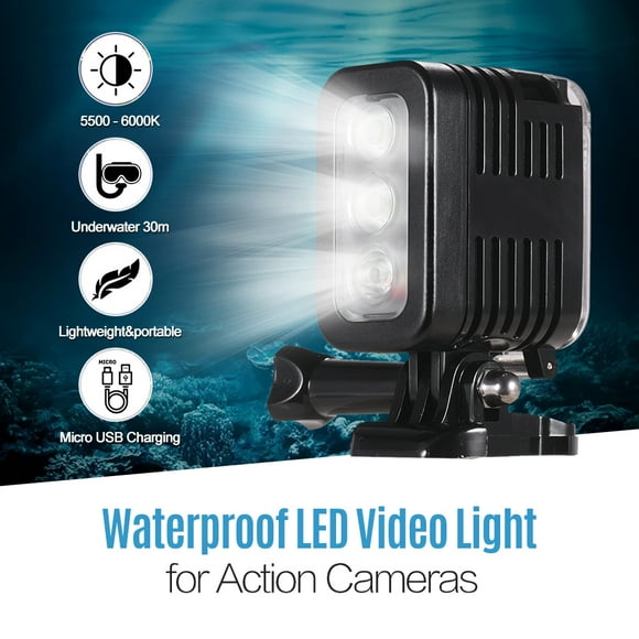 TFixol Waterproof LED Video Light Diving Light 5500-6000K 300Lux Underwater 30m Wide Angle Micro USB Charging for GoPro Hero 7 6 5 4 3+ 3 Session and Other Similar Sized Action Cameras