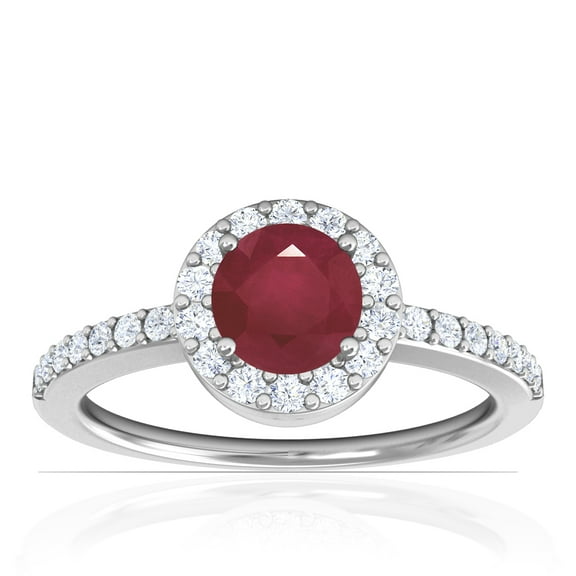 GemsNY July Birthstone - Classic Round Ruby Halo Ring with Prong Set Diamonds For Women (Grade - A | 0.93cttw)