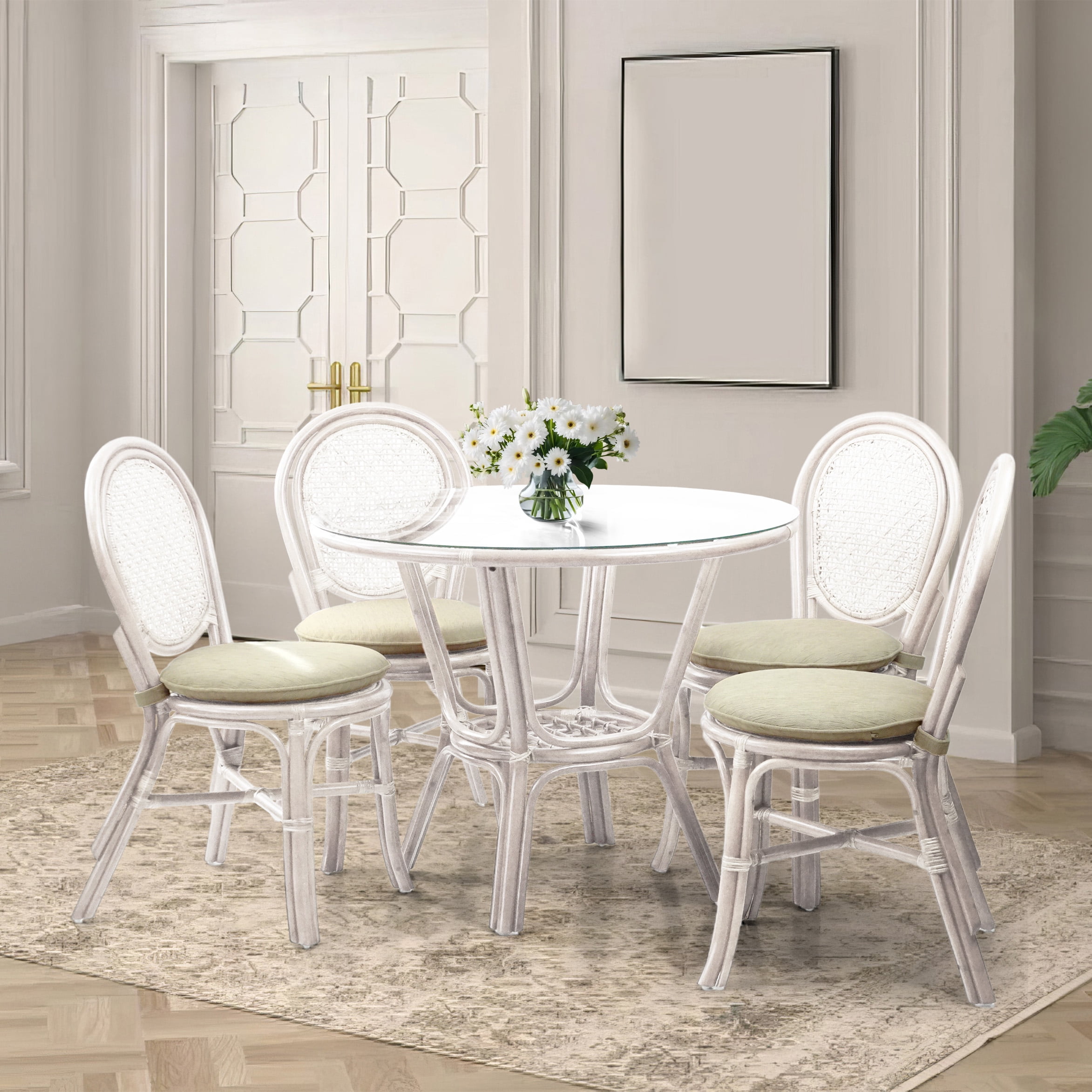 Set of 4 Denver Dining Wicker Side Chairs with Cream Cushions Handmade Rattan, White