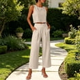 thumbnail image 2 of ClodeEU Women's Linen 2 Piece Outfit ,Sleeveless Crewneck Tank Top and Straight Leg Cropped Pants Set ,Casual Summer Office Wear Beige,Women's Plus L, 2 of 9