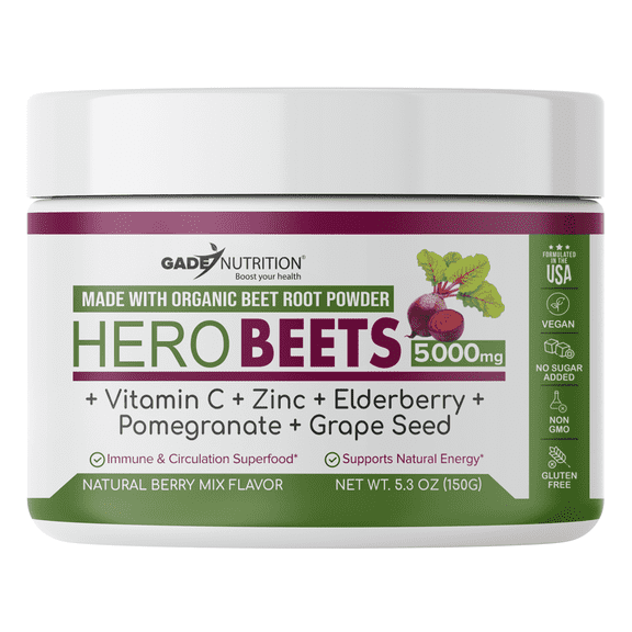 Gade Nutrition Organic Beet Root Powder - Nitric Oxide Boost for Blood Pressure, Circulation, Energy & Heart Health Support - With Vitamin C & Zinc - Made in USA (30 Servings)
