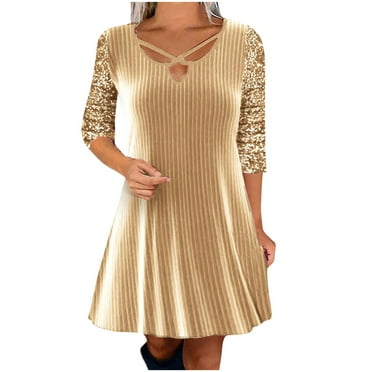 ICHUANYI Women's Summer Solid Color V-Neck Sequin Casual Wide Long-Sleeve Dress