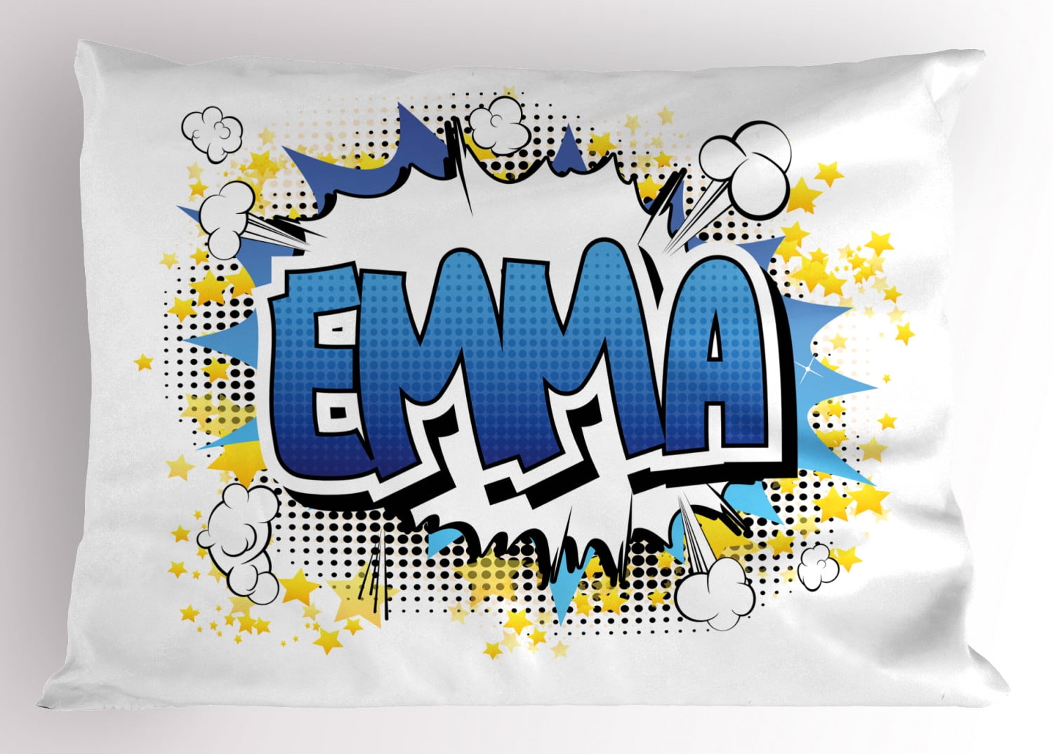 Emma Pillow Sham Youthful Energetic Name Design for Teenage Girls Cartoon Stars and Burst, Decorative Standard Queen Size Printed Pillowcase, 30 X 20 Inches, Blue Yellow and Black, by Ambesonne