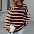 thumbnail image 5 of VISALY Pullover Crewneck Sweatshirt Striped Sweater Women's Casual Long Sleeve Pullover Sweaters O Neck 2023 Fall Winter Sweater Jumper Tops Crochet Sweaters Baggy Sweaters Office Sweater Coffee M, 5 of 8
