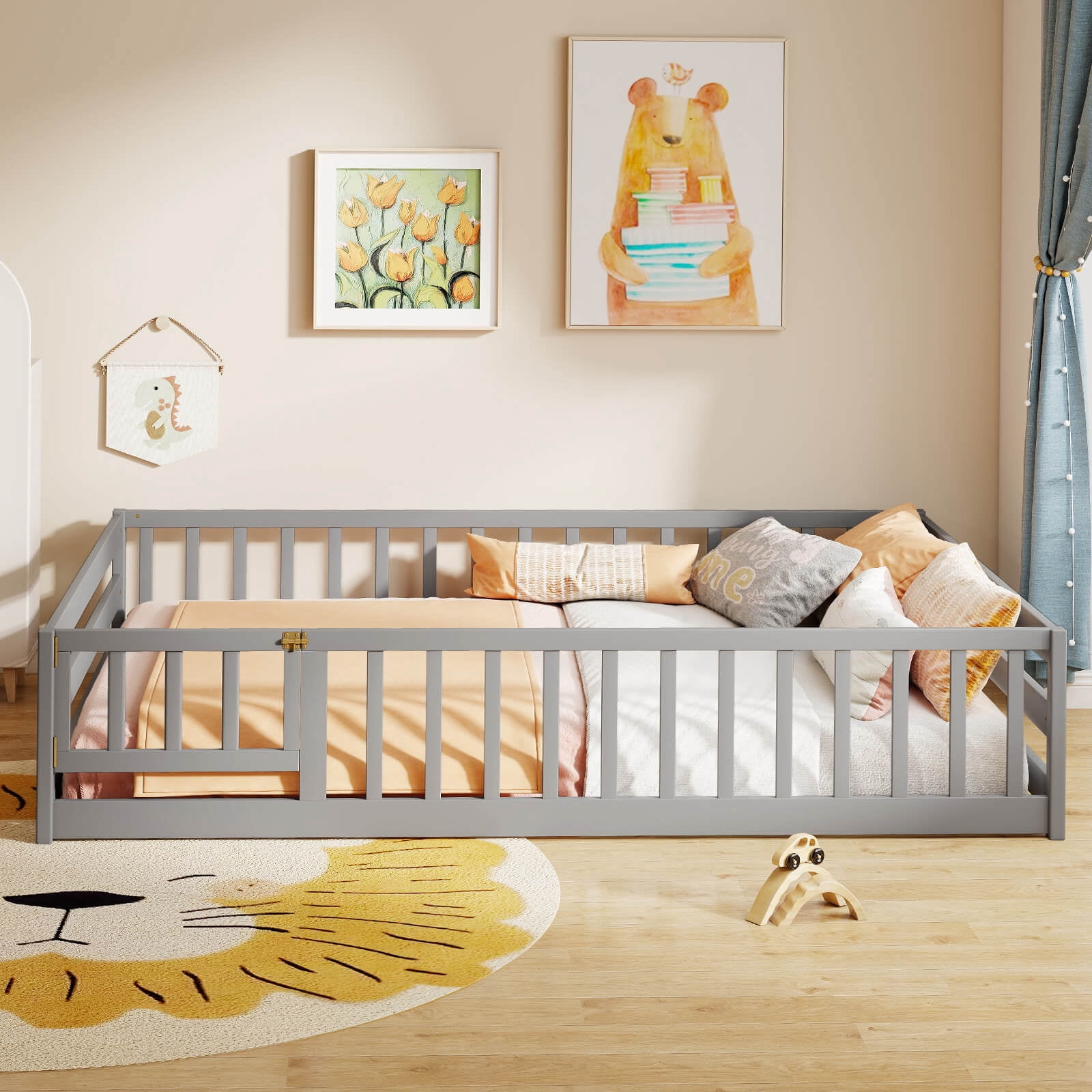 Costway Full Size Floor Bed with Full Length Safety Guardrails & Door for Boys, Girls Gray