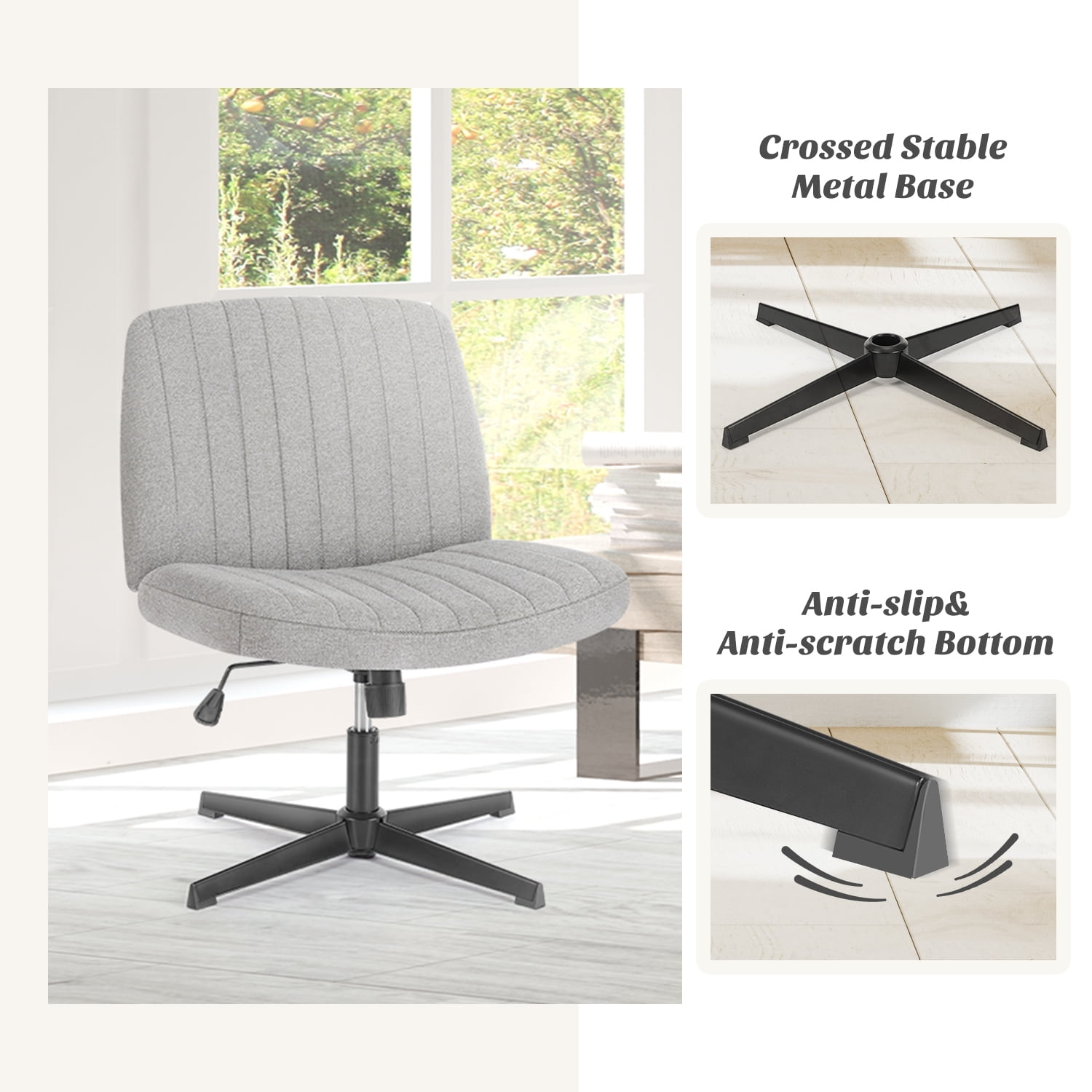 Office Chair Armless Criss Cross Legged Chair No Wheels, Comfy Home Office Desk Chairs, Adjustable Swivel Padded Fabric Vanity Task Computer Chair
