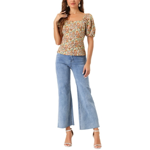 INSPIRAR CHIC Blusa Floral para Mujeres Cuello Cuadrado con Escote en Corazón Manga Abullonada Espalda Fruncida Top Casual Naranja Marrón S