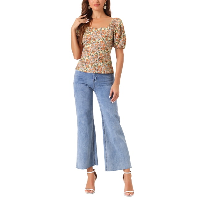 INSPIRAR CHIC Blusa Floral para Mujeres Cuello Cuadrado con Escote en Corazón Manga Abullonada Espalda Fruncida Top Casual Naranja Marrón XS