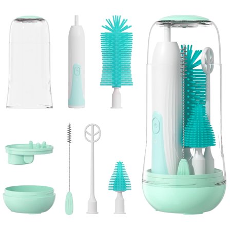 Homester Electric Baby Bottle Brush Cleaner Set, Rechargable Waterproof Electric Baby Bottle Brush for Travel with Nipple & Straw Brush, Perfect Essentials Gift for Mom After Birth, Green