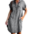 thumbnail image 4 of Women Denim Shirt Dresses Short Sleeve Distressed Jean Dress Button Down Casual Tunic Top, 4 of 5