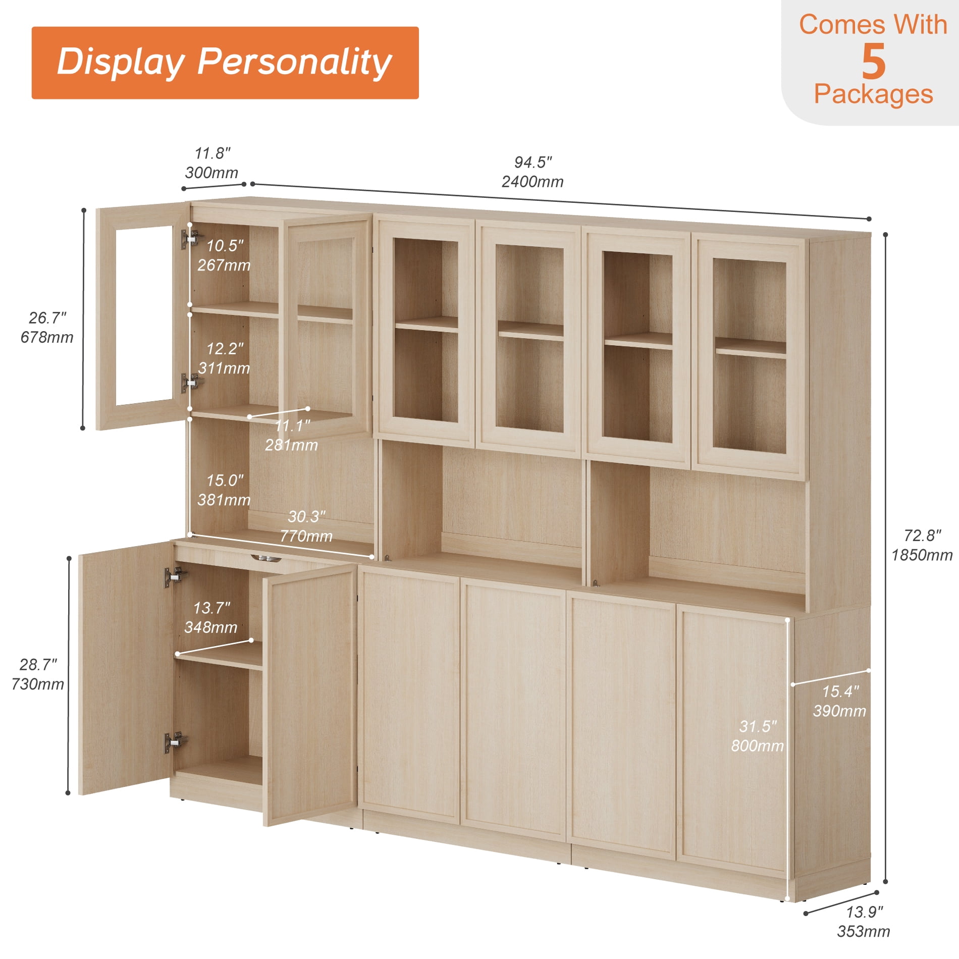 Modern 72" Tall Bookshelf with Glass Doors & Adjustable Shelves, Wood Bookcase with Closed Storage Cabinet,Beige