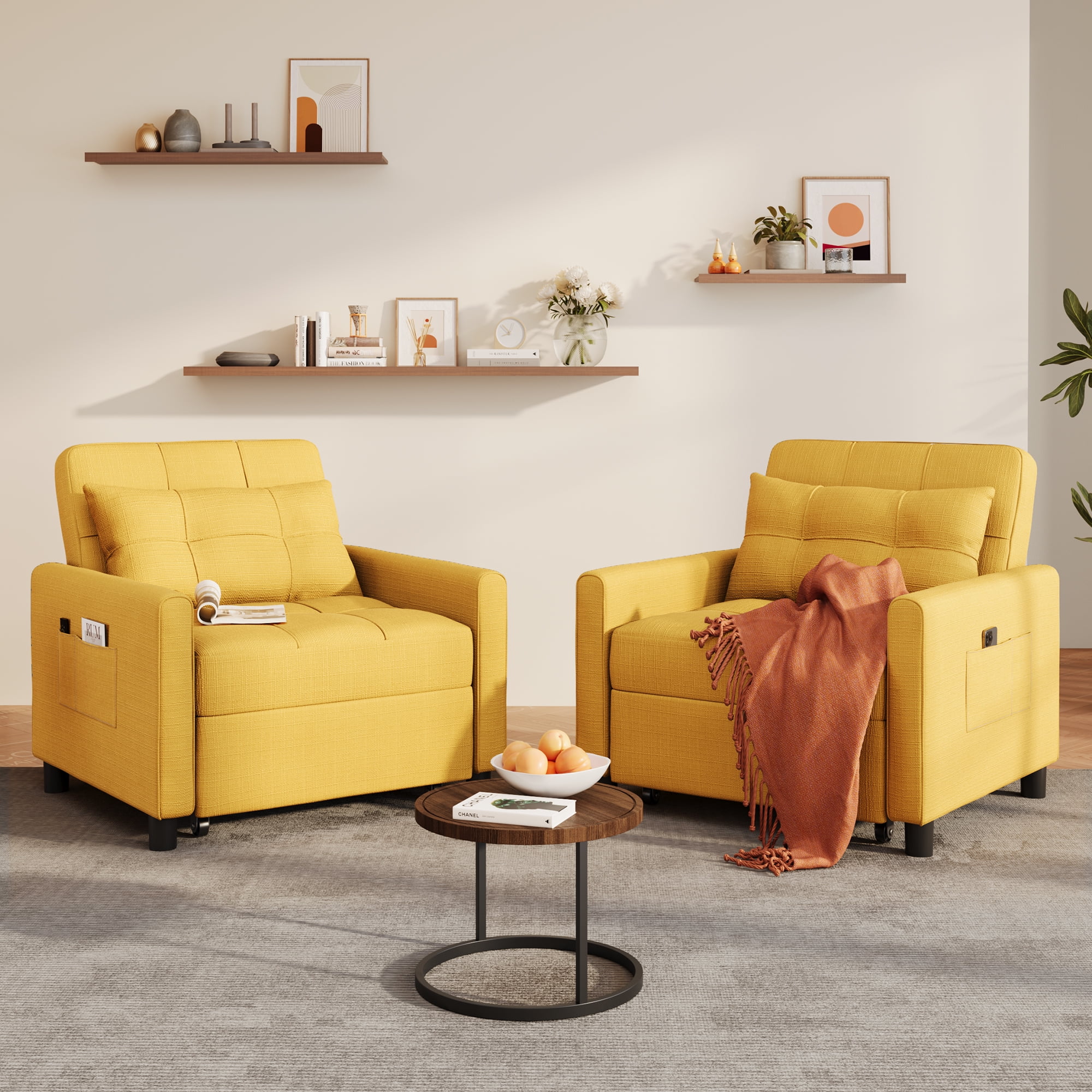 Adjustable Backrest Convertible Sofa Bed, 3-in-1 Linen Reclining Sleeper Chair, Multifunctional Couch for Living Room Bedroom Small Space, Yellow