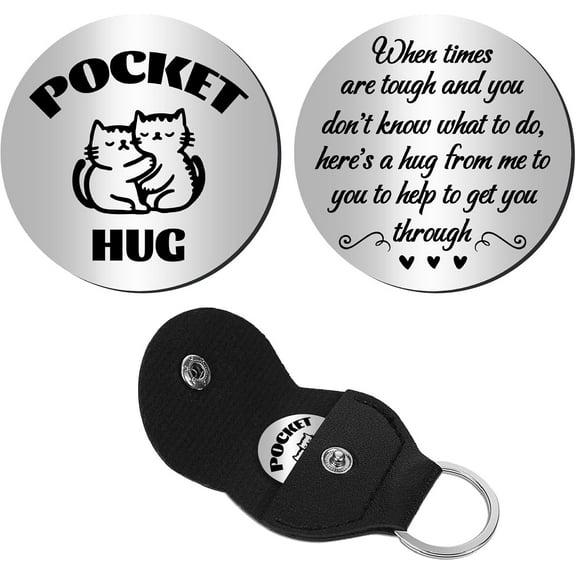 Cat Pocket Hug Token Long Distance Keepsake Gifts Stainless Steel Double Sided Coin Little Pocket Token Commemorative Coin with Leather Keychains for Son Daughter Brother 1.2Inch