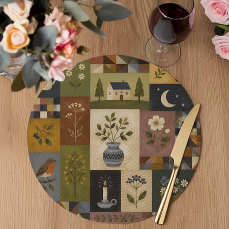 Antique Countryside Round Braided Placemats Set of 4 Vintage Rustic Candle Holder Flower Vase Bird Heat Insulation Place Mats Washable Non-Slip Table Mats for Kitchen Dining Party 15 Inches