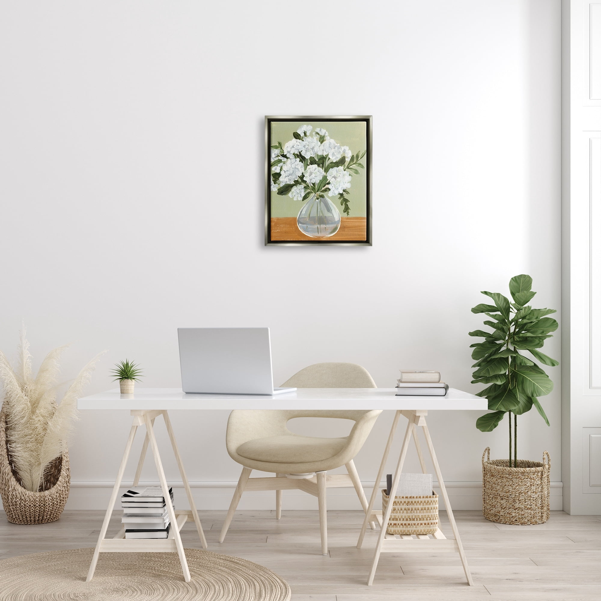 Stupell Industries White Hydrangea Flower Bouquet Vase Still Life Painting Luster Gray Floating Framed Canvas Print Wall Art, Design by Annie Warren