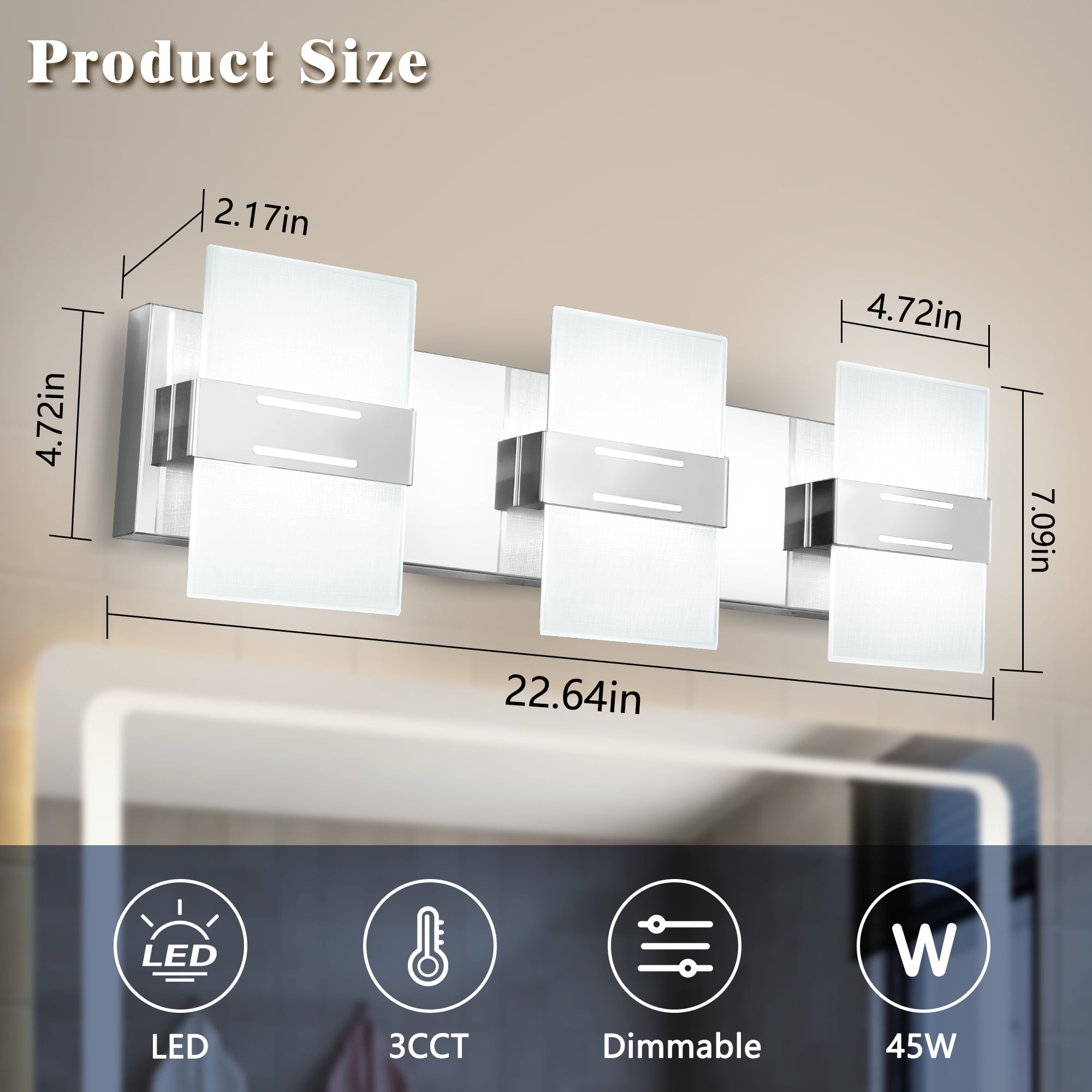 Auffel Bathroom Light Fixtures LED Chrome Vanity Lights for Bathroom Dimmable Wall Sconce 3000K/4500K/6000K Stainless Steel Glass Vanity Lighting Fixtures 3-Light Wall Light for Restroom 22 Inch