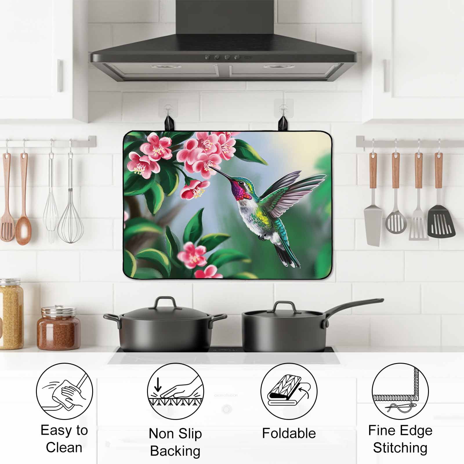 Green Hummingbird Stove Top Cover for Electric Stove, Heat-proof & Non Slip Glass Top Stove Cover Protector, Spring Summer Pink Flower Leaf Kitchen Flat Cooktop Rubber Mat 24x21 Inches