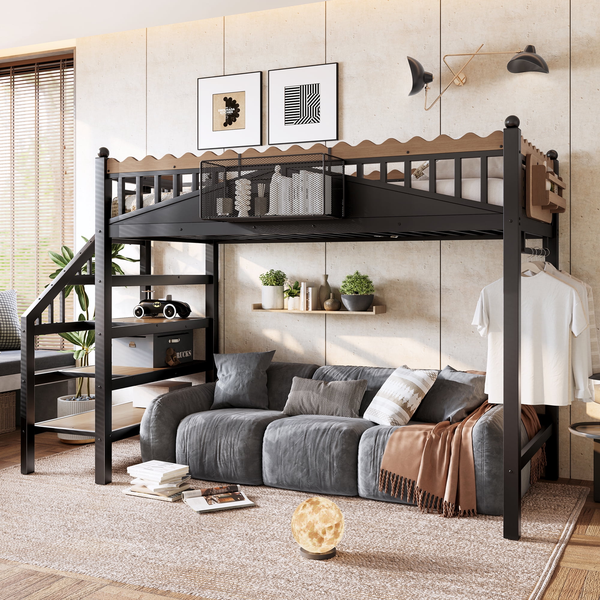 Twin XL Size Loft Bed with Storage Stairs & Bookshelf, Metal Loft Bed Frame with Storage Shelves, Space-Saving Loft Bed for Dorms, Small Bedroom, Black