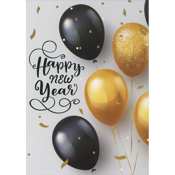 Designer Greetings Group of Black and Gold Balloons and Falling Gold Foil Confetti Pack of 15 New Year Cards