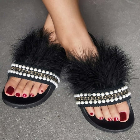 

Women s Summer Fashion One-word Plush Pearl Slippers Solid Color Flat Shoes